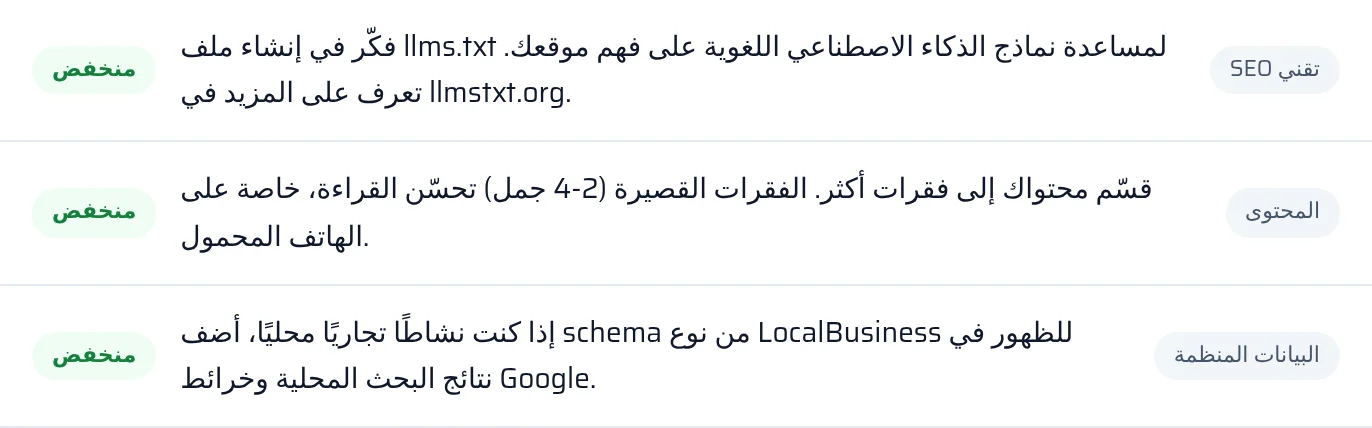 نتيجة فحص llms.txt والبيانات المنظمة في التقرير بحالة موجود أو غير موجود