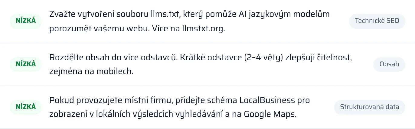 Výsledek kontroly llms.txt a strukturovaných dat v reportu se stavem nalezeno nebo chybí