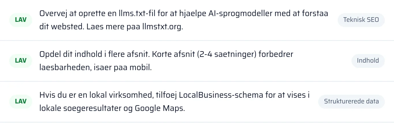 Resultatet af kontrollen af llms.txt og strukturerede data i rapporten med status fundet eller mangler
