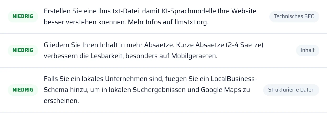 Ergebnis des Checks von llms.txt und strukturierten Daten im Report mit dem Status gefunden oder fehlt