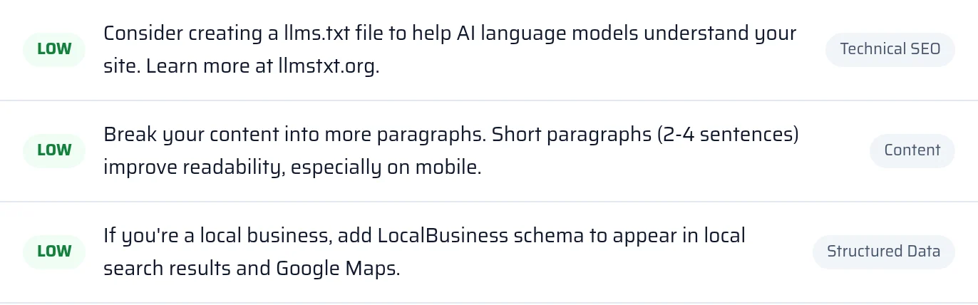 The result of the llms.txt and structured data checks in the report, with a found or missing status