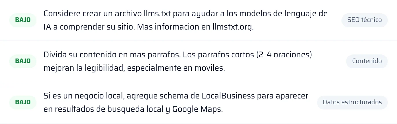 Resultado de la comprobación de llms.txt y de los datos estructurados en el informe, con el estado encontrado o ausente