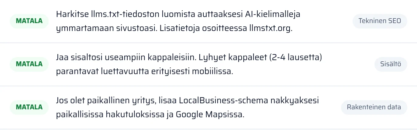 llms.txt-tiedoston ja strukturoidun datan tarkistuksen tulos raportissa, tilana löytyi tai puuttuu