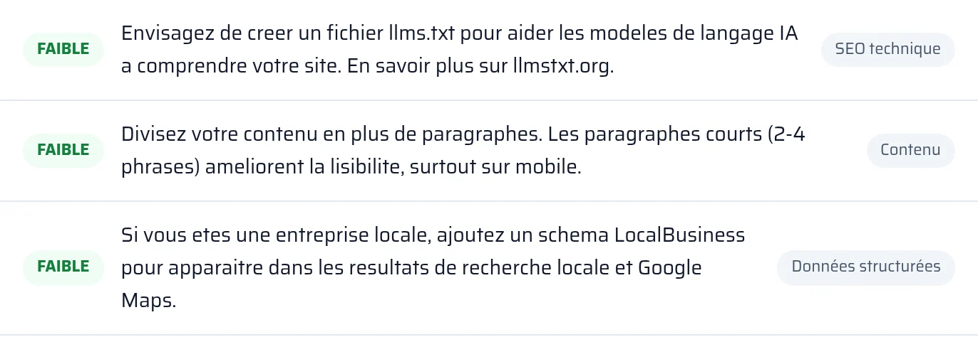 Résultat du contrôle de llms.txt et des données structurées dans le rapport, avec l'état trouvé ou absent