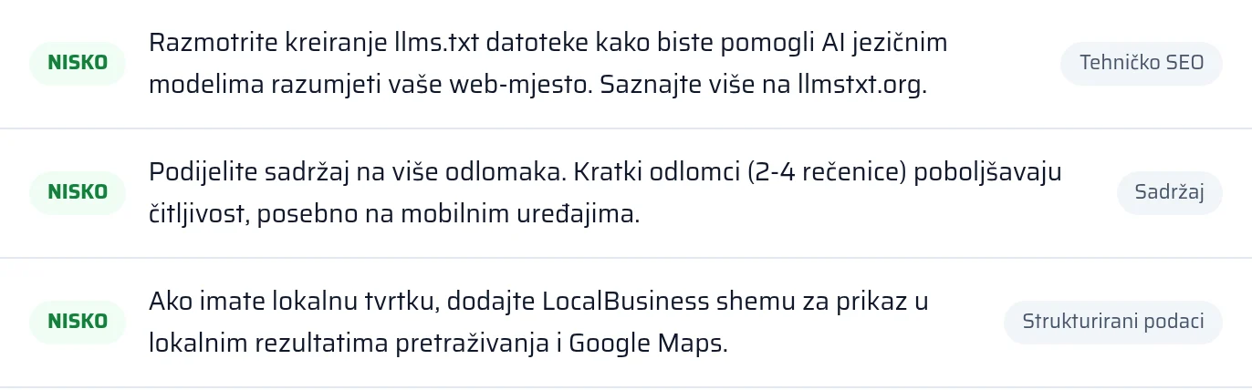 Rezultat provjere llms.txt i strukturiranih podataka u izvještaju sa stanjem pronađeno ili nedostaje