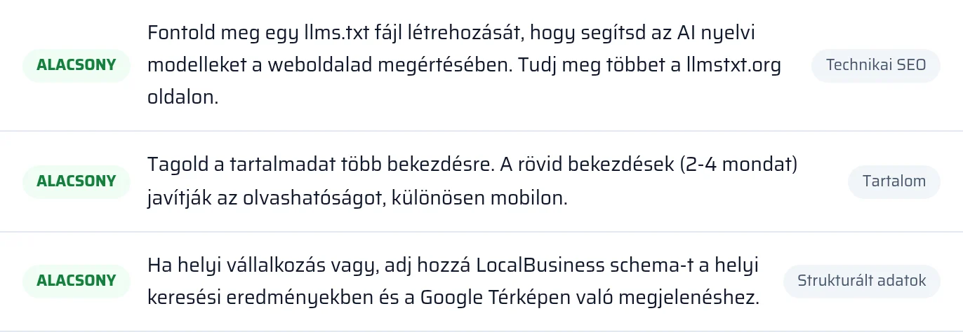 Az llms.txt és a strukturált adatok ellenőrzésének eredménye a jelentésben, megtalálva vagy hiányzik állapottal