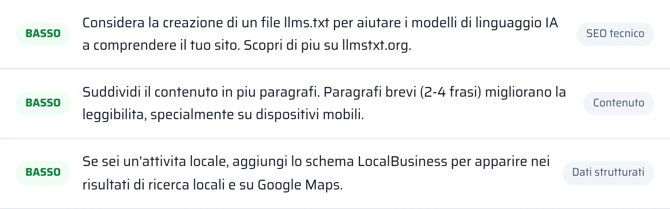 Esito del controllo di llms.txt e dei dati strutturati nel report, con lo stato trovato o mancante