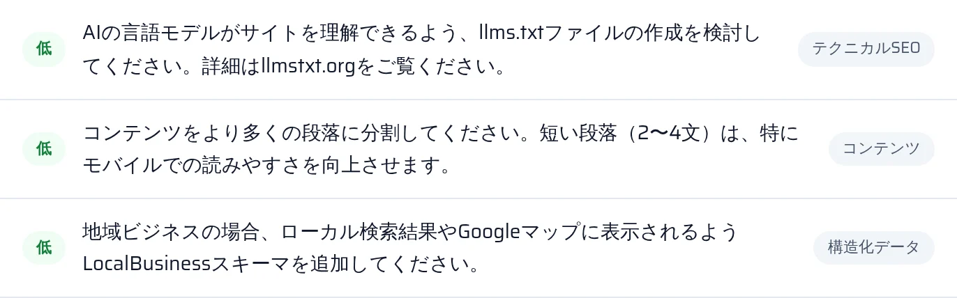 レポート内のllms.txtと構造化データのチェック結果。検出済みまたは未検出の状態を表示
