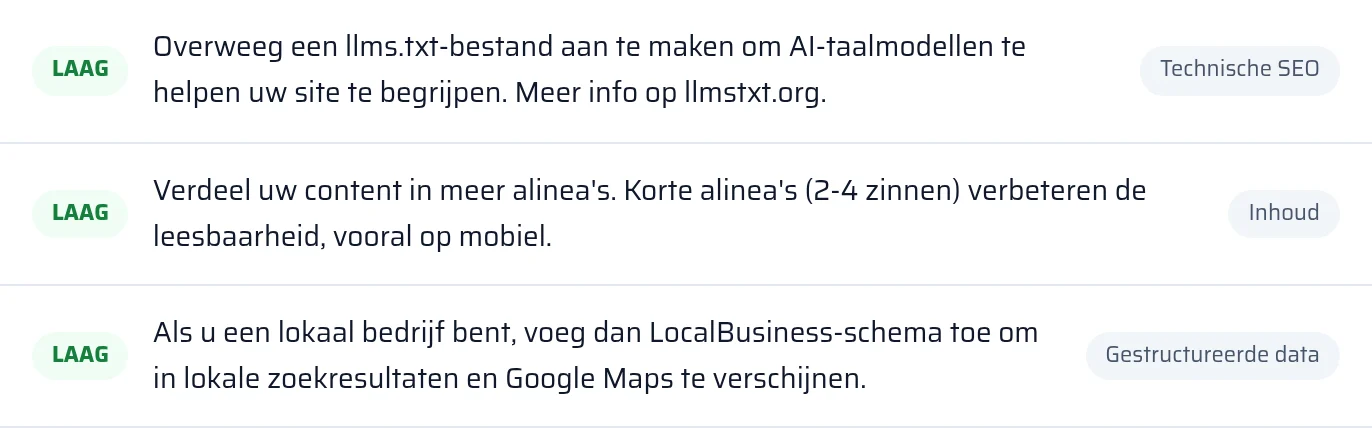Resultaat van de controle op llms.txt en gestructureerde data in het rapport, met de status gevonden of ontbreekt
