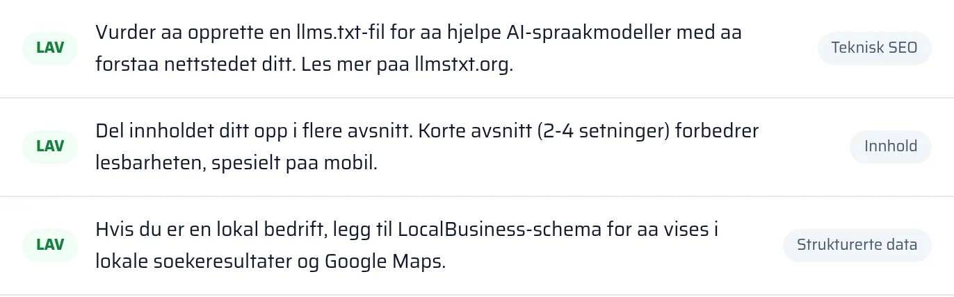 Resultatet av kontrollen av llms.txt og strukturerte data i rapporten, med status funnet eller mangler