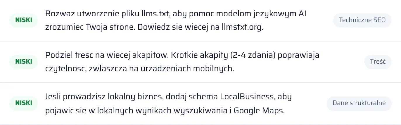Wynik kontroli llms.txt i danych strukturalnych w raporcie ze statusem znaleziono lub brakuje