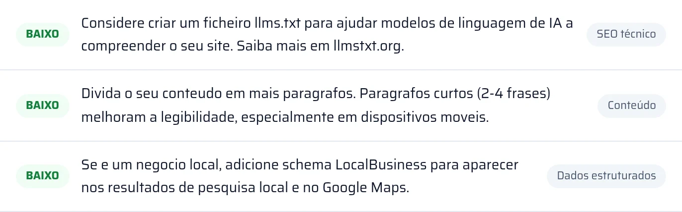 Resultado da verificação do llms.txt e dos dados estruturados no relatório, com o estado encontrado ou em falta