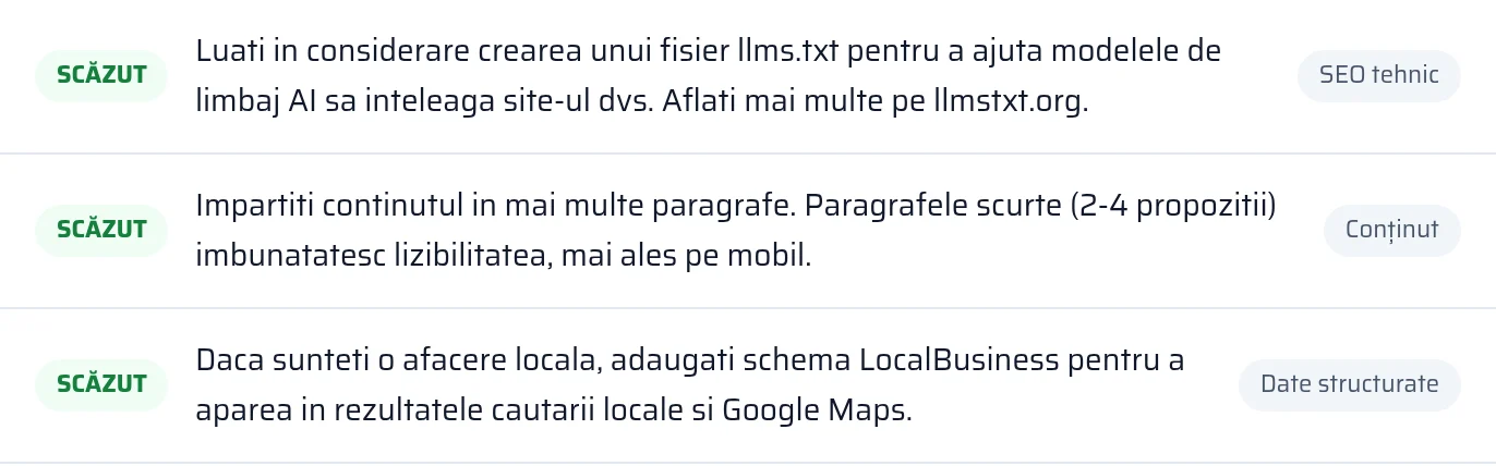 Rezultatul verificării llms.txt și a datelor structurate în raport, cu starea găsit sau lipsește