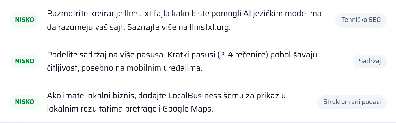 Rezultat provere llms.txt i strukturiranih podataka u izveštaju sa statusom pronađeno ili nedostaje