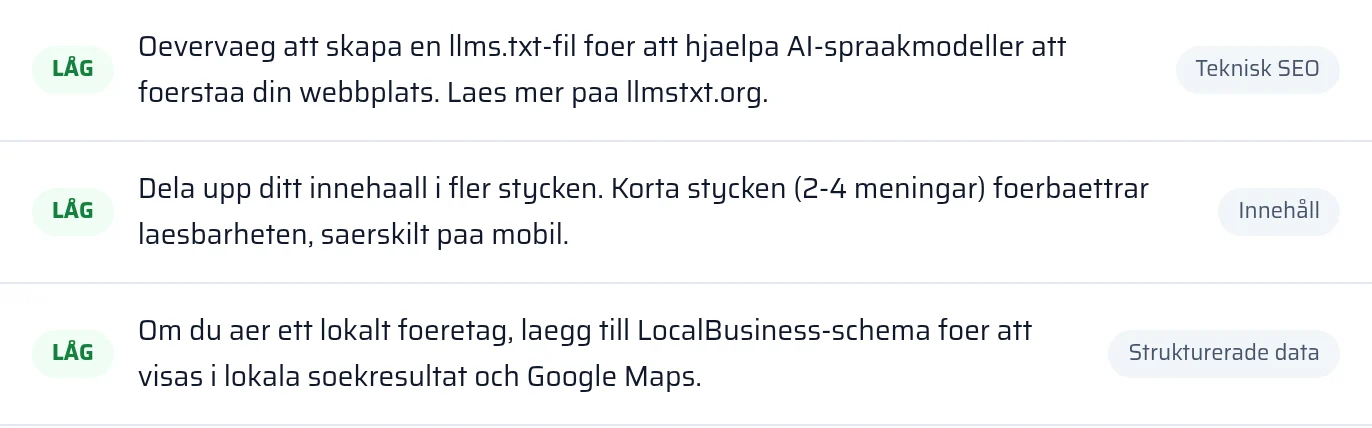 Resultatet av kontrollen av llms.txt och strukturerad data i rapporten med status hittad eller saknas