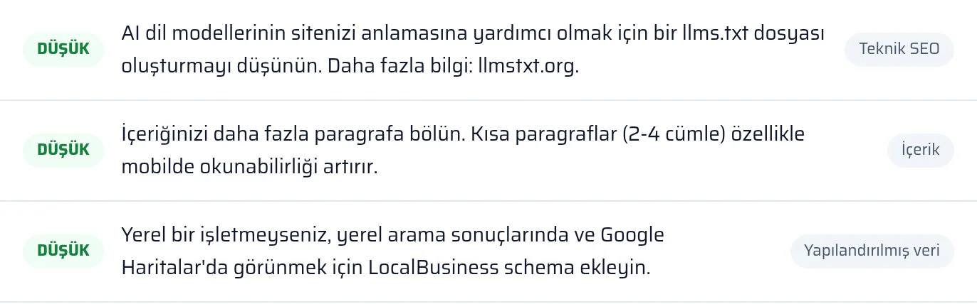 Raporda llms.txt ve yapılandırılmış veri kontrolünün sonucu, bulundu veya eksik durumuyla