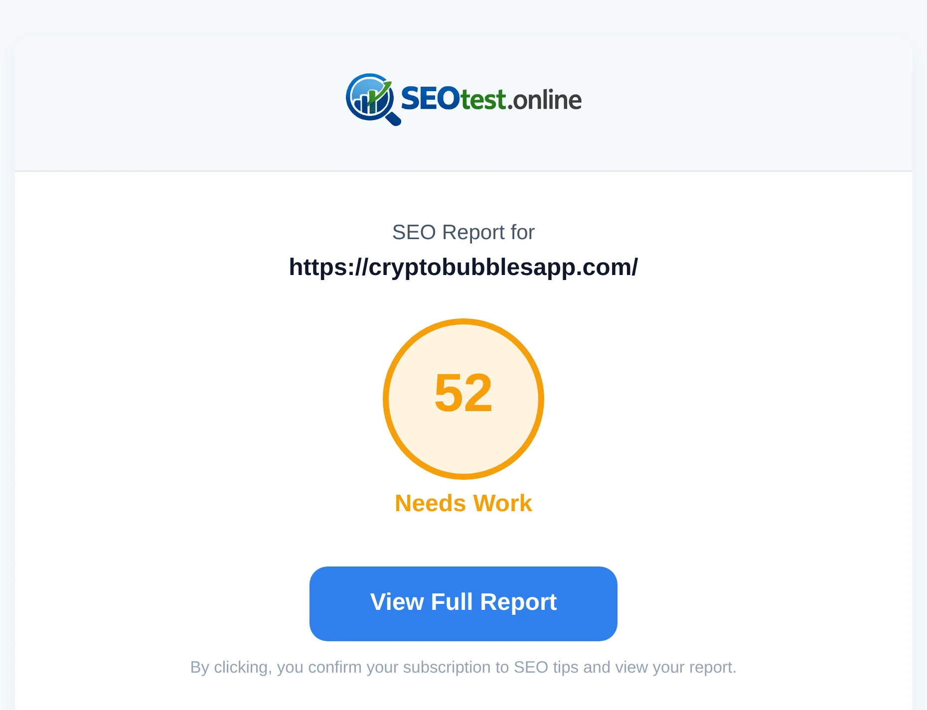 The email with a link to the finished SEO report, the address of the tested site and the overall score
