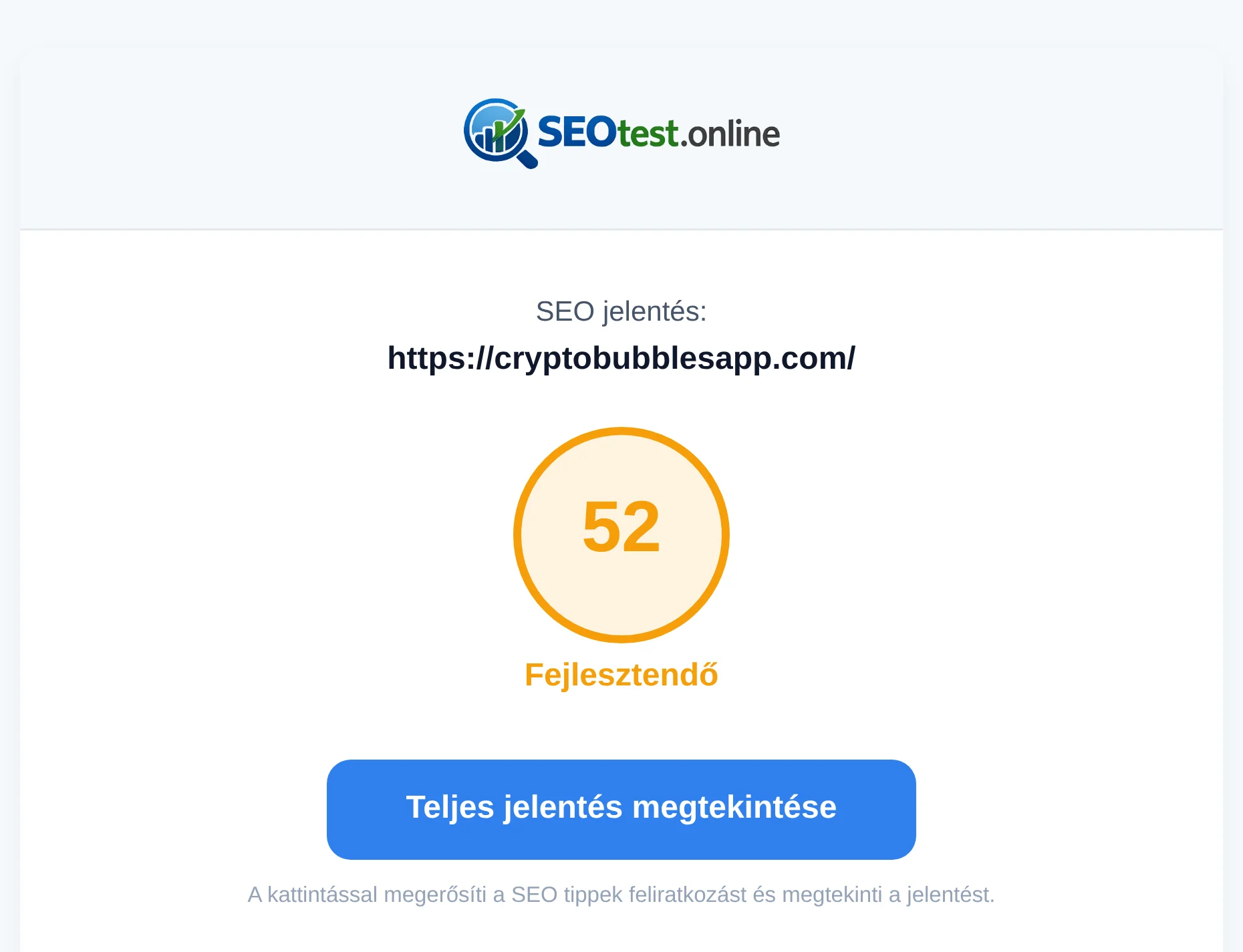 E-mail a kész SEO jelentés linkjével, a tesztelt weboldal címével és az összesített pontszámmal