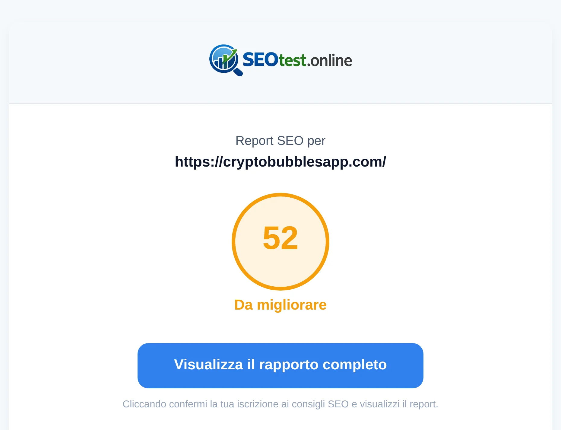 E-mail con il link al report SEO finito, l'indirizzo del sito testato e il punteggio complessivo