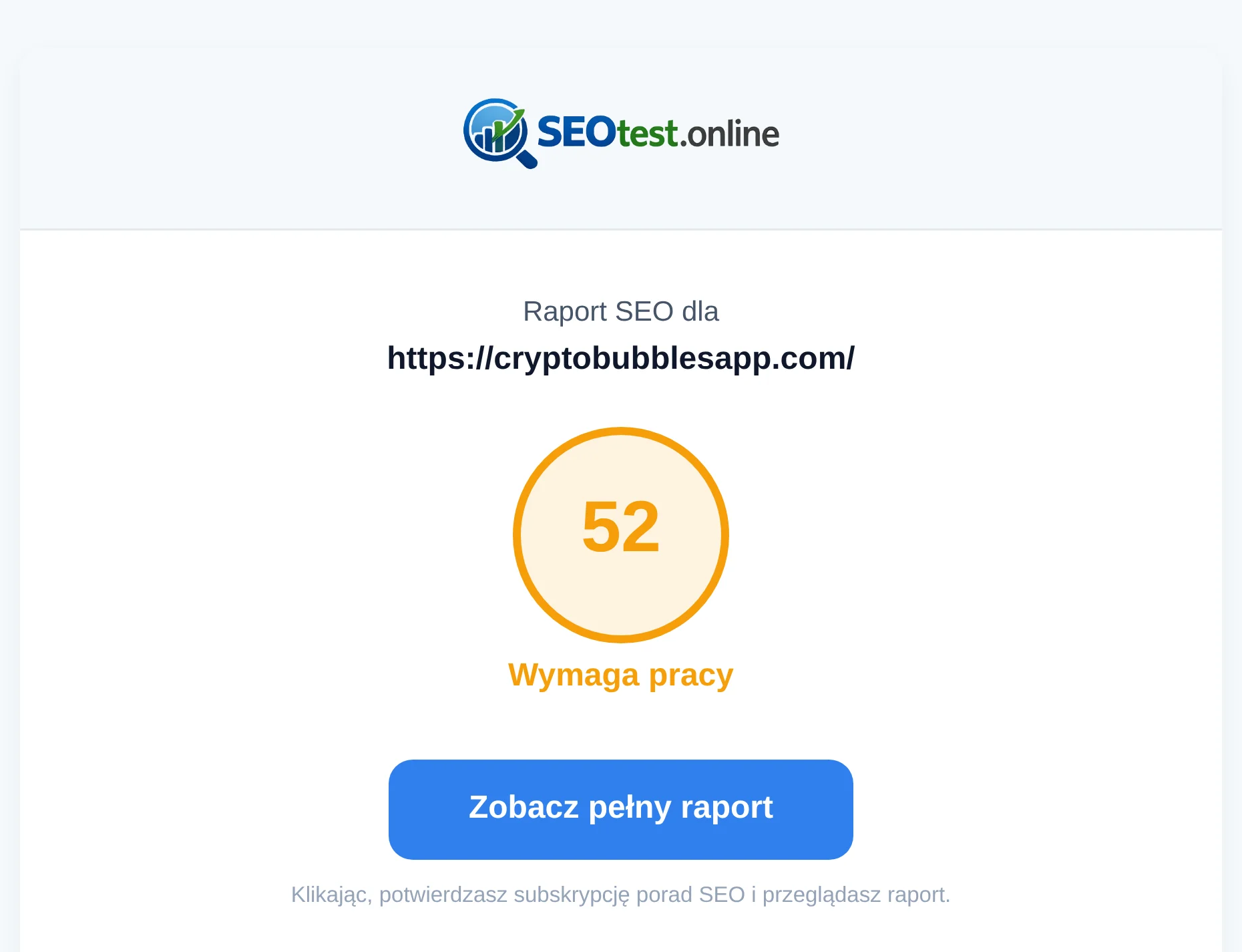 E-mail z linkiem do gotowego raportu SEO, adresem testowanej strony i ogólnym wynikiem