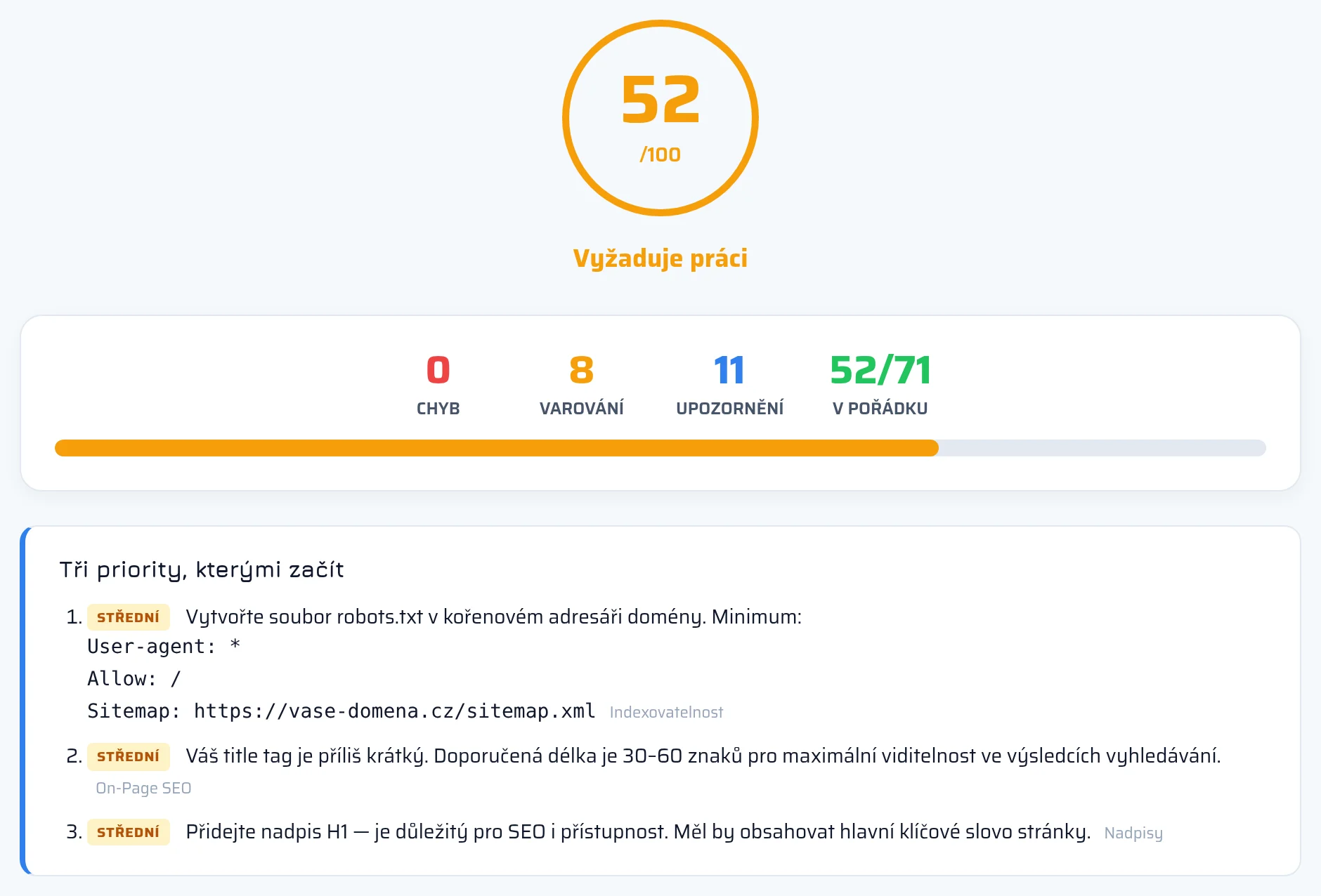 Horní část SEO reportu ze seotest.online s celkovým skóre webu, počty chyb a varování a kartami kategorií