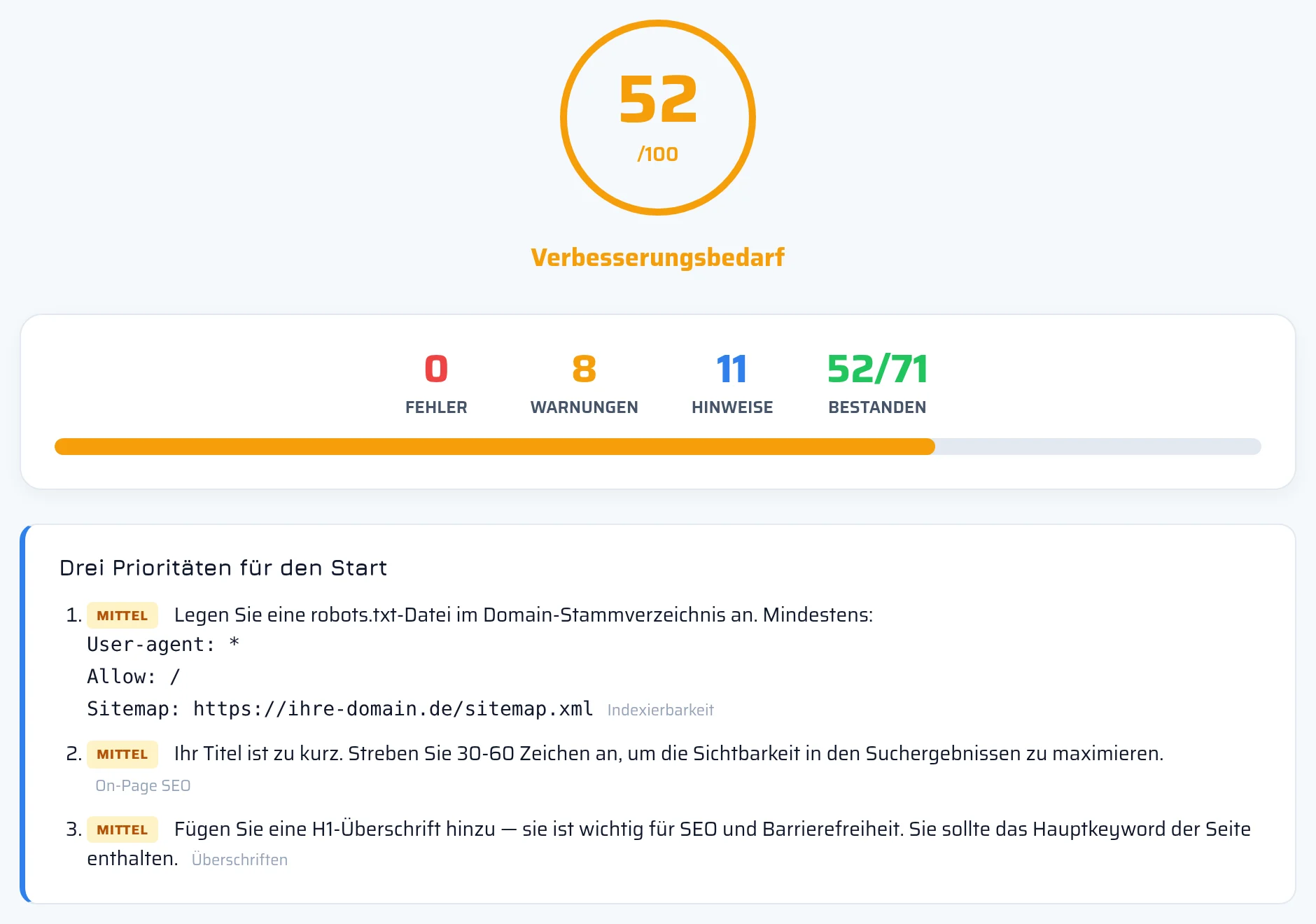 Oberer Teil des SEO-Reports von seotest.online mit dem Gesamtscore der Website, der Zahl der Fehler und Warnungen und den Karten der Kategorien
