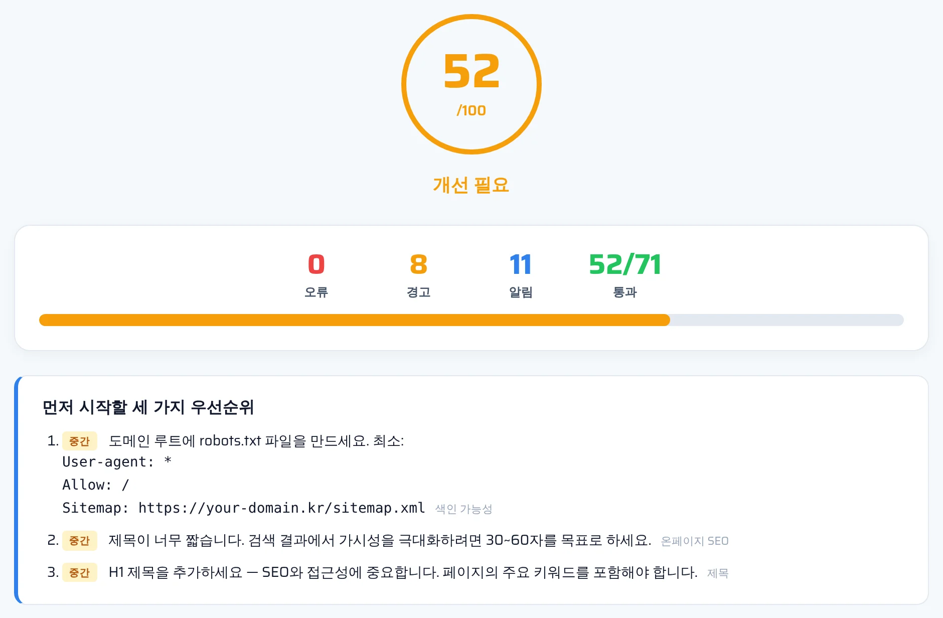 seotest.online SEO 리포트 상단, 웹사이트 총점과 오류 및 경고 개수, 카테고리 카드가 보이는 화면