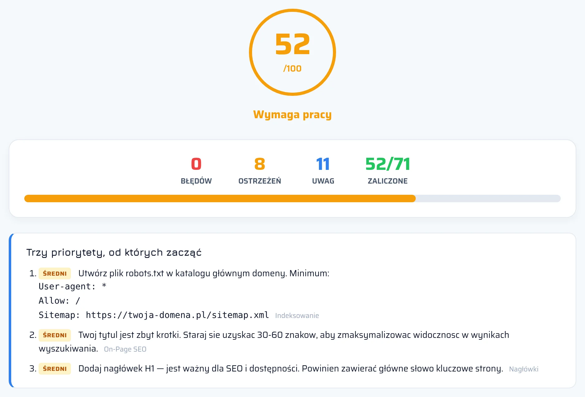 Górna część raportu SEO z seotest.online z ogólnym wynikiem strony, liczbą błędów i ostrzeżeń oraz kartami kategorii